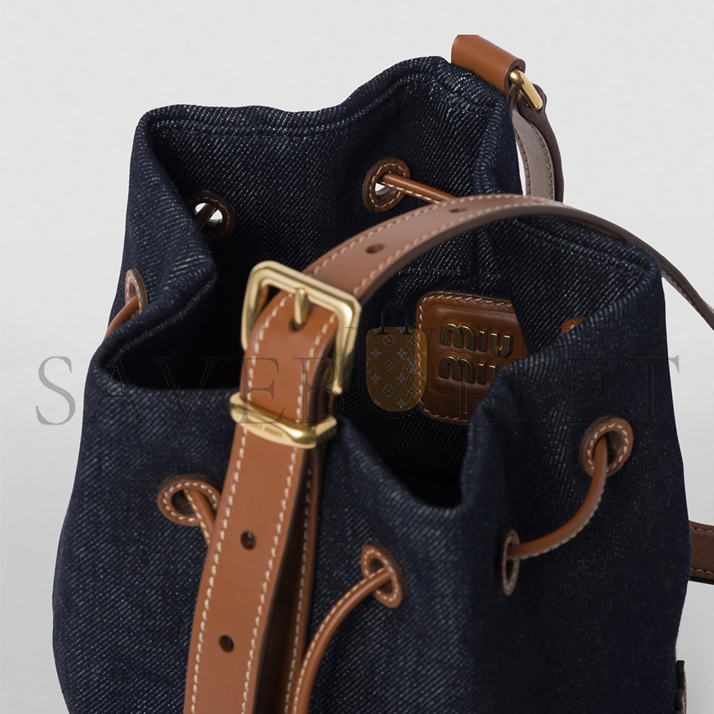 MIU MIU DENIM AND LEATHER LOGO BUCKET BAG 5BE090 (22.5*16*14cm)